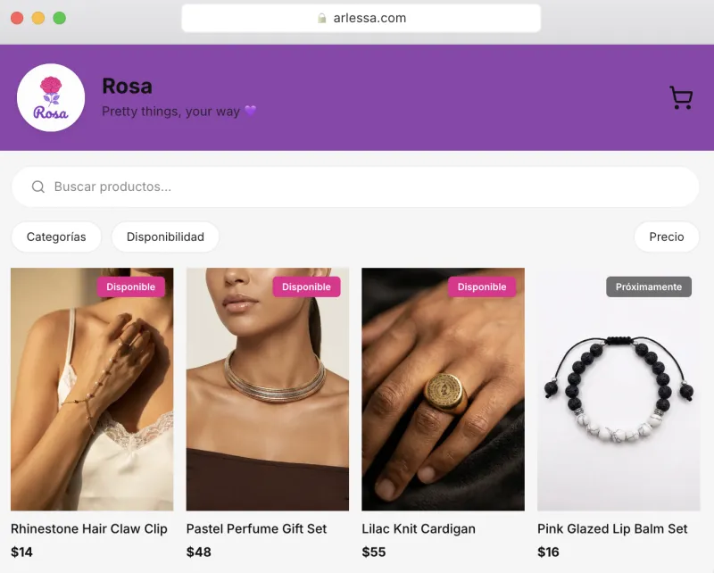 Catálogo de ejemplo en Arlessa: Rosa, un catálogo de joyería y accesorios
